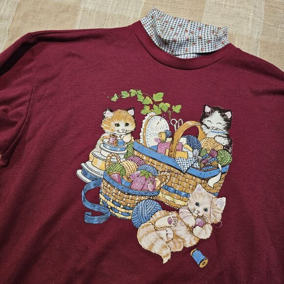 Vintage Cottagecore Granniecore Cat Lady Femi Cozy Turtleneck Cat Sweatshirt - Picture 11 of 11